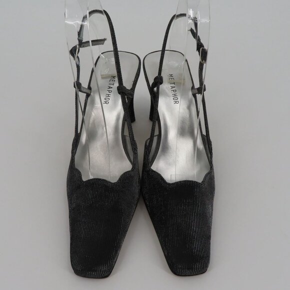 VTG Metaphor Women 9 M DAWN Black Silver Metallic Strappy Square Toe Heels Shoes - Picture 2 of 12